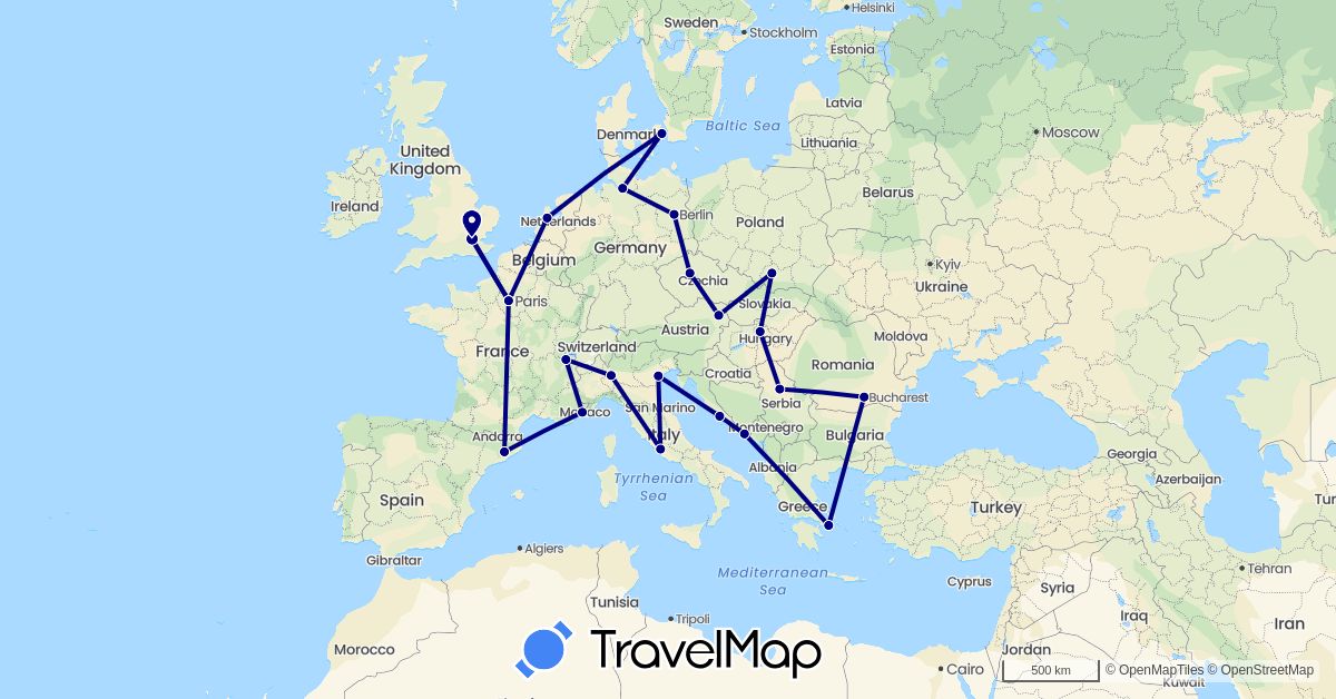 TravelMap itinerary: driving in Austria, Switzerland, Czech Republic, Germany, Denmark, Spain, France, United Kingdom, Greece, Croatia, Hungary, Italy, Netherlands, Poland, Romania, Serbia (Europe)